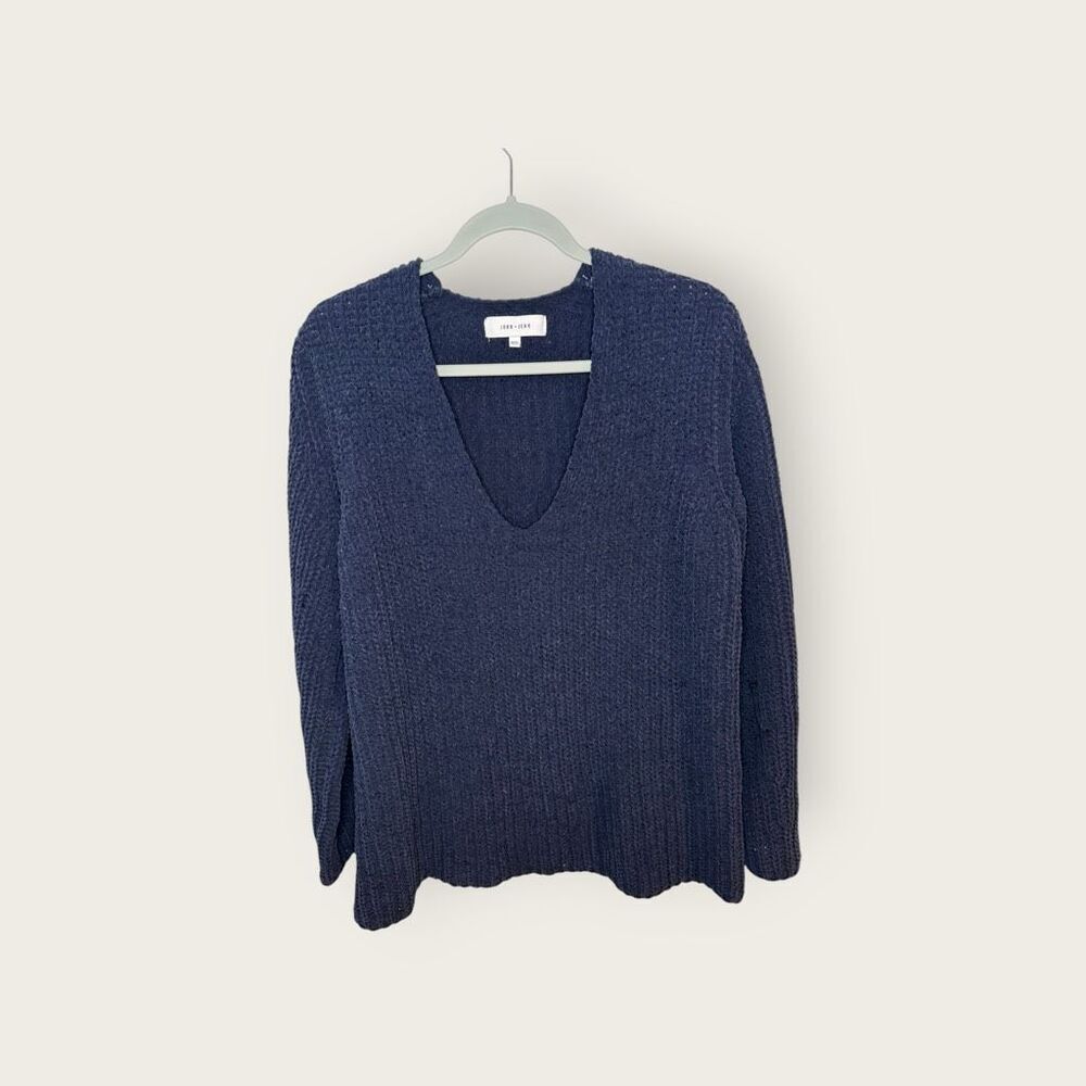 Anthropologie John + Jenn Chunky Knit Navy Blue V Neck Sweater Size Medium